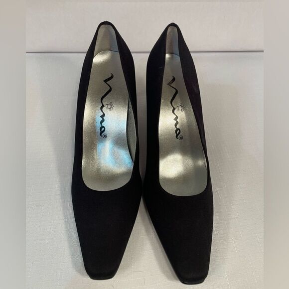 NINA BLACK COMPOSITION LEATHER PUMPS WITH 3.5” HEEL EUC - Picture 2 of 7